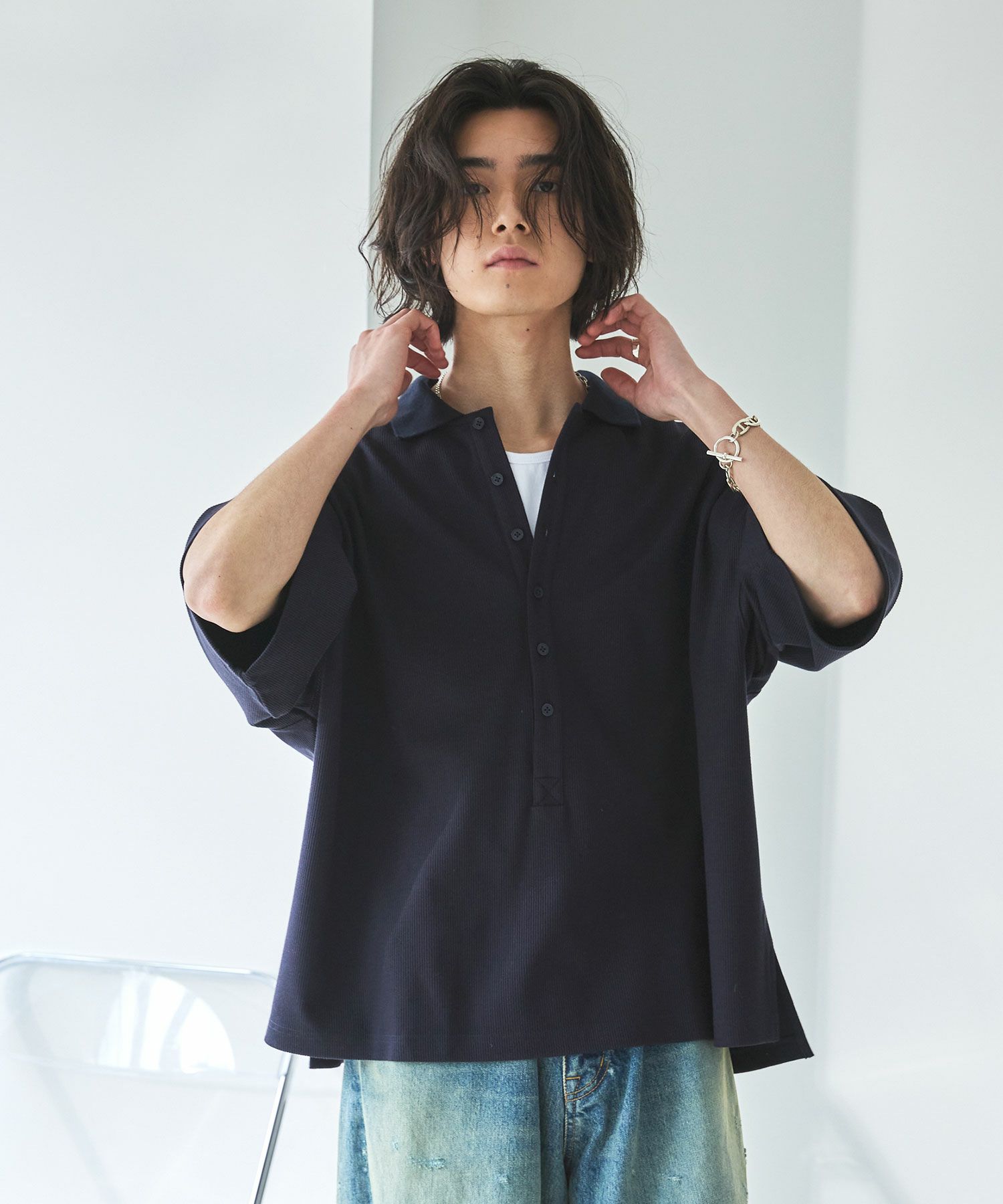 OPENING ACT]ヘンリーネックハーフスリーブビッグポロシャツ | OPENING ACT