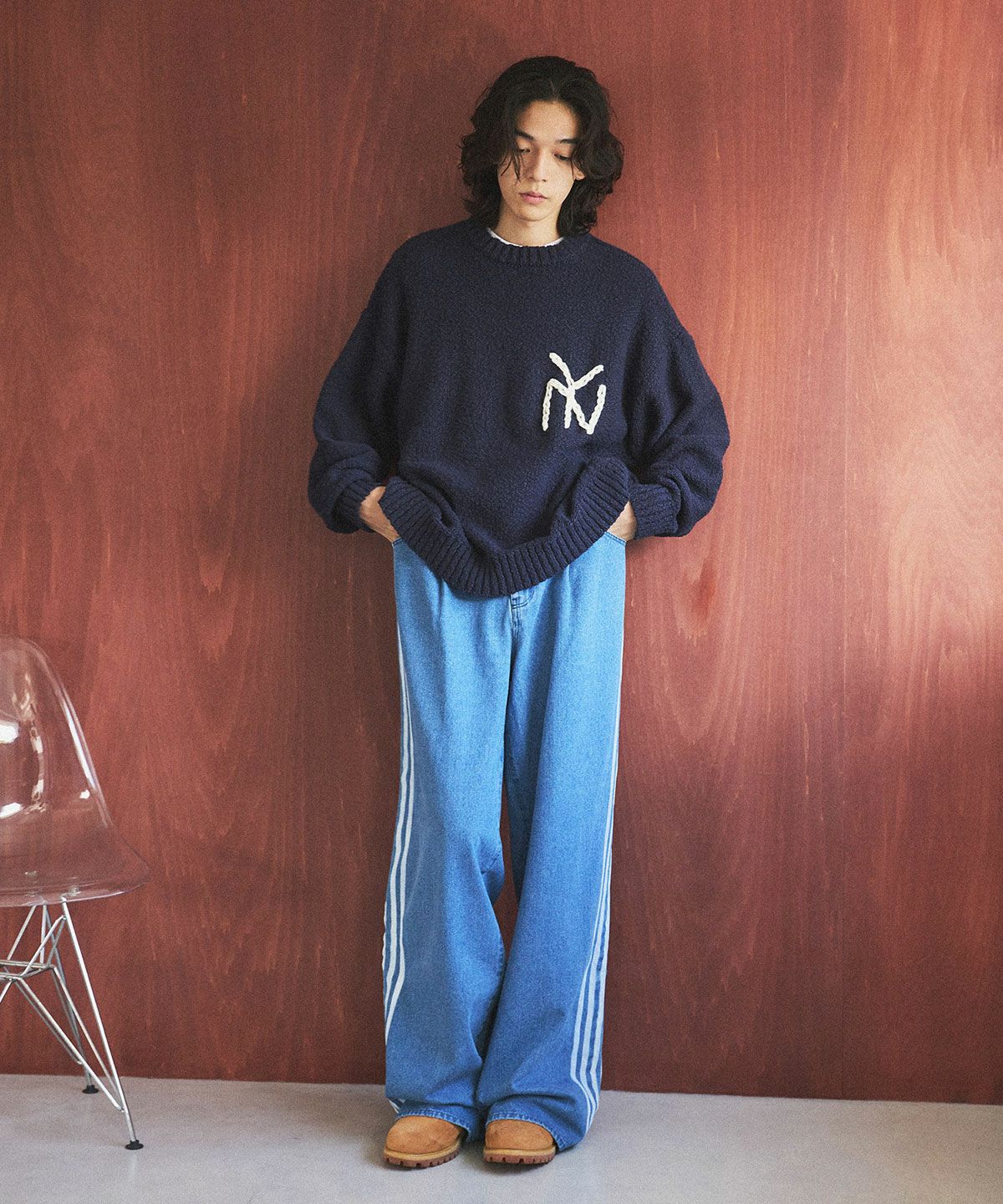 カ*キ様 ハンドステッチワンポイントスラブクルーネックニット　サイズS DISCOVERED × OPENING ACT] ハンドステッチワンポイントスラブクルー