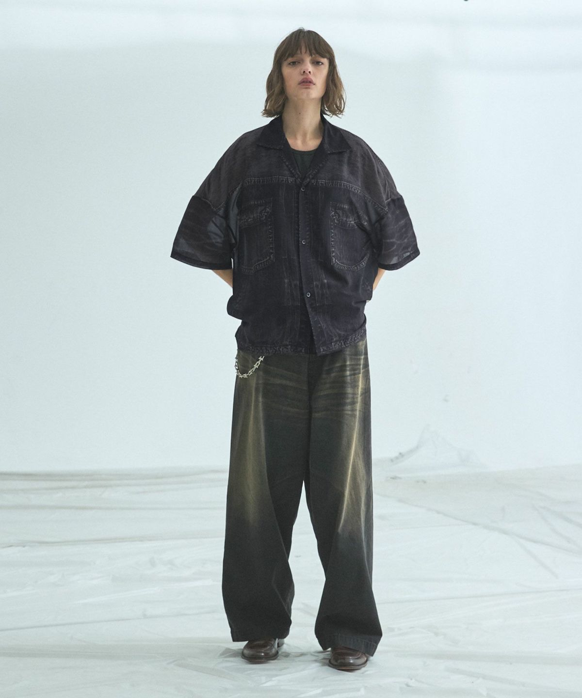 VICTIM × OPENING ACT　シアーブラックチェックシャツ VICTIM × OPENING ACT]BLACK LACE BIG SHIRT | OPENING ACT