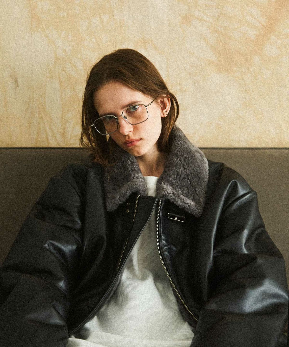 ブラック もこもこ レザー ハイネック ブルゾン ムートン アウター